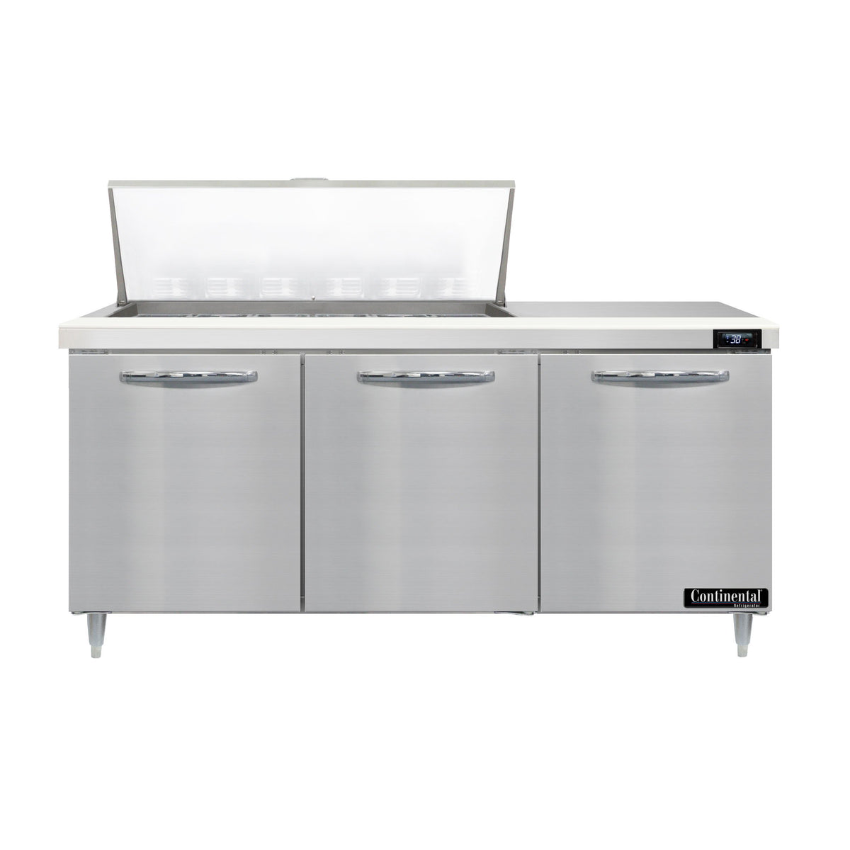 Continental Refrigerator D72N18M 72-Inch Mega Top Sandwich & Salad Prep Table — 3 Doors, 18 Pans, Stainless Steel Front