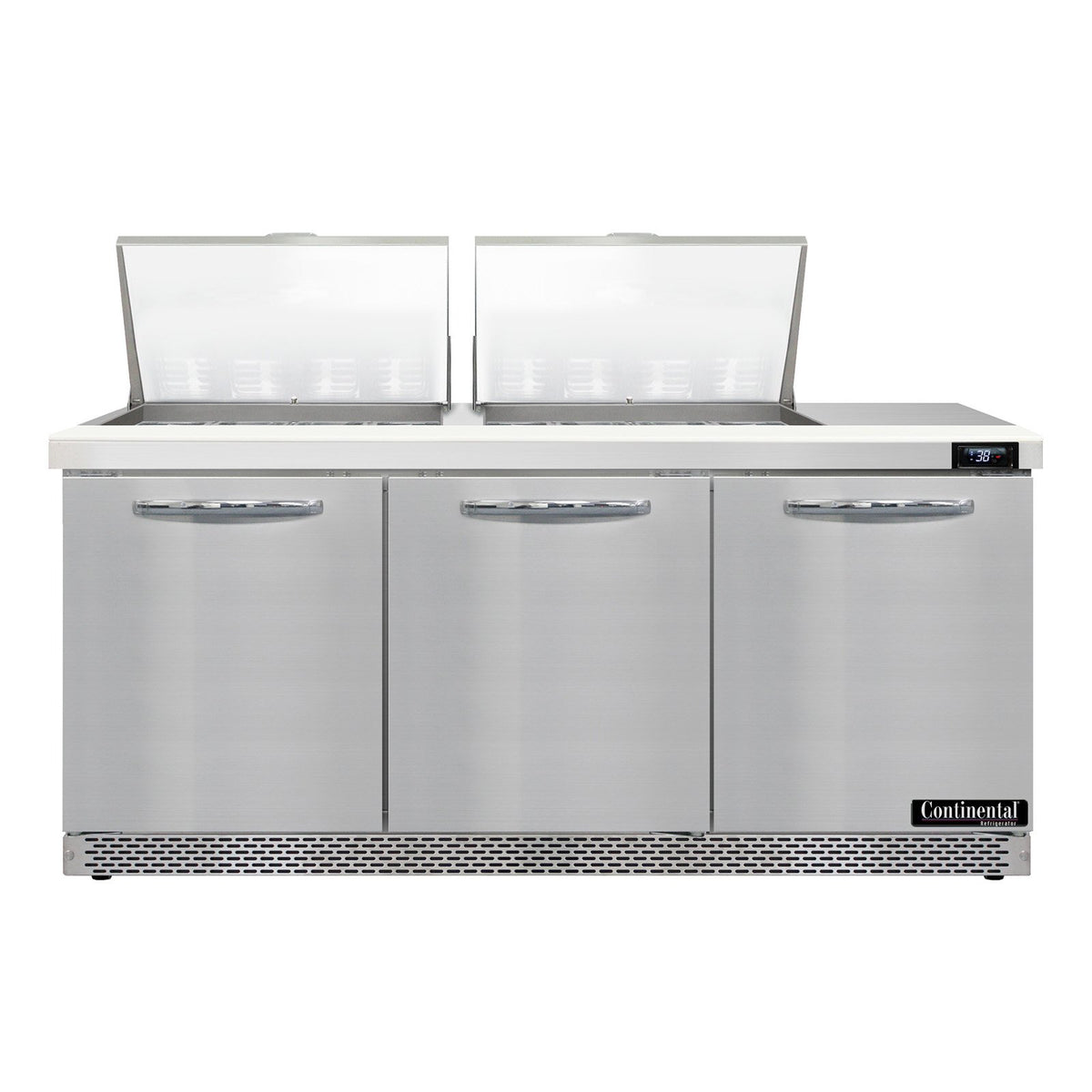Continental Refrigerator D72N24M-FB 72-Inch Mega Top Sandwich & Salad Prep Table — 3 Doors, 24 Pans, Stainless Steel Front