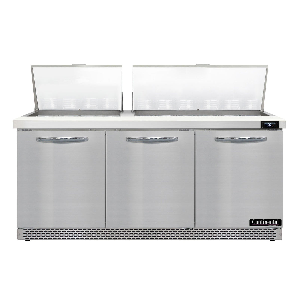 Continental Refrigerator D72N30M-FB 72-Inch Mega Top Sandwich & Salad Prep Table — 3 Doors, 30 Pans, Stainless Steel Front