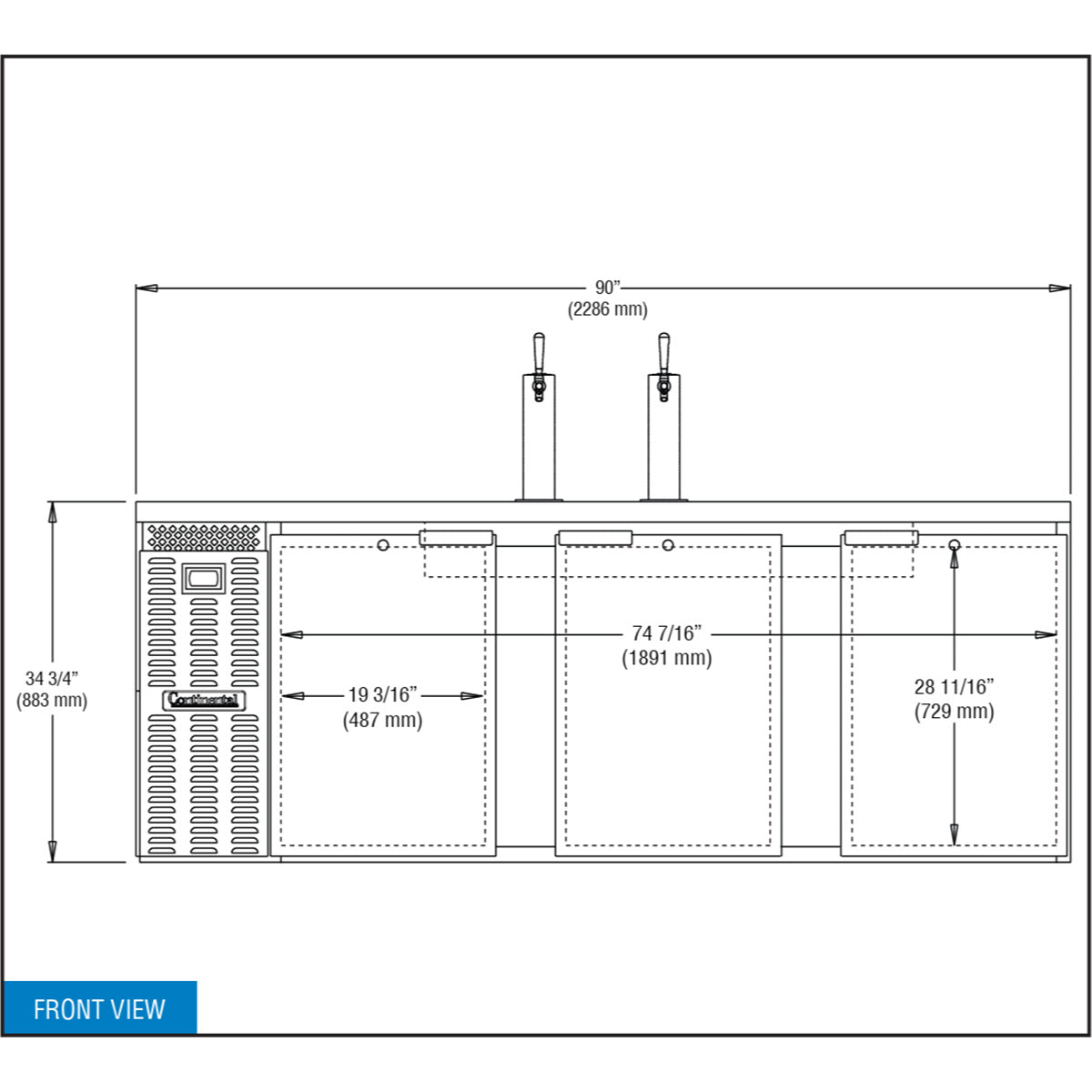 Continental Refrigerator KC90N 90-Inch Keg Cooler & Beer Dispenser — 3 Doors