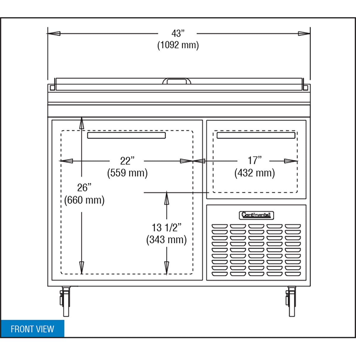 Continental Refrigerator PA43N 43-Inch Pizza Prep Table β 1 door, Stainless Steel Front