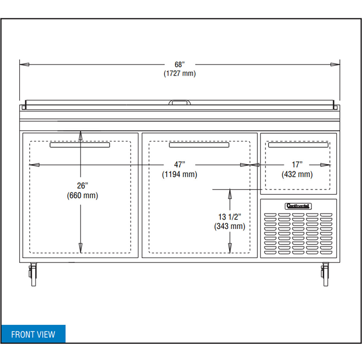 Continental Refrigerator PA68N 68-Inch Pizza Prep Table — 3 doors, Stainless Steel Front