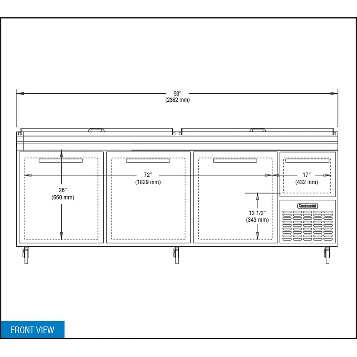 Continental Refrigerator PA93N 93-Inch Pizza Prep Table — 4 doors, Stainless Steel Front