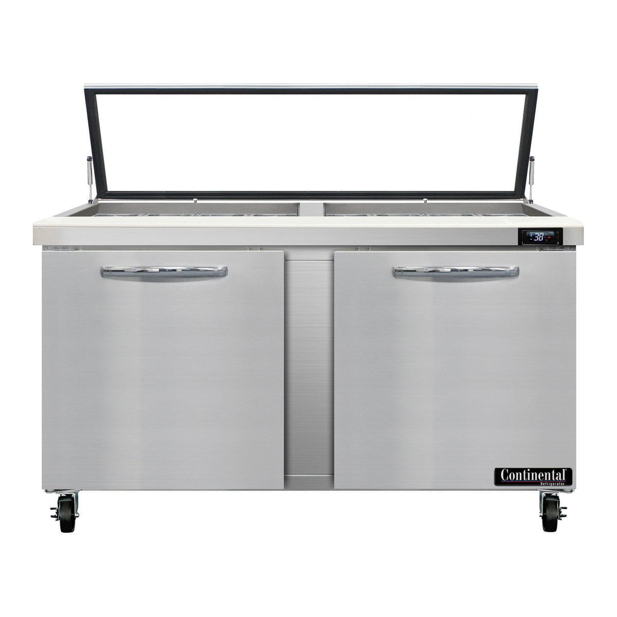Continental Refrigerator SW60N24M-HGL 60-Inch Mega Top Sandwich & Salad Prep Table — 2 Doors, 24 Pans, Stainless Steel Front