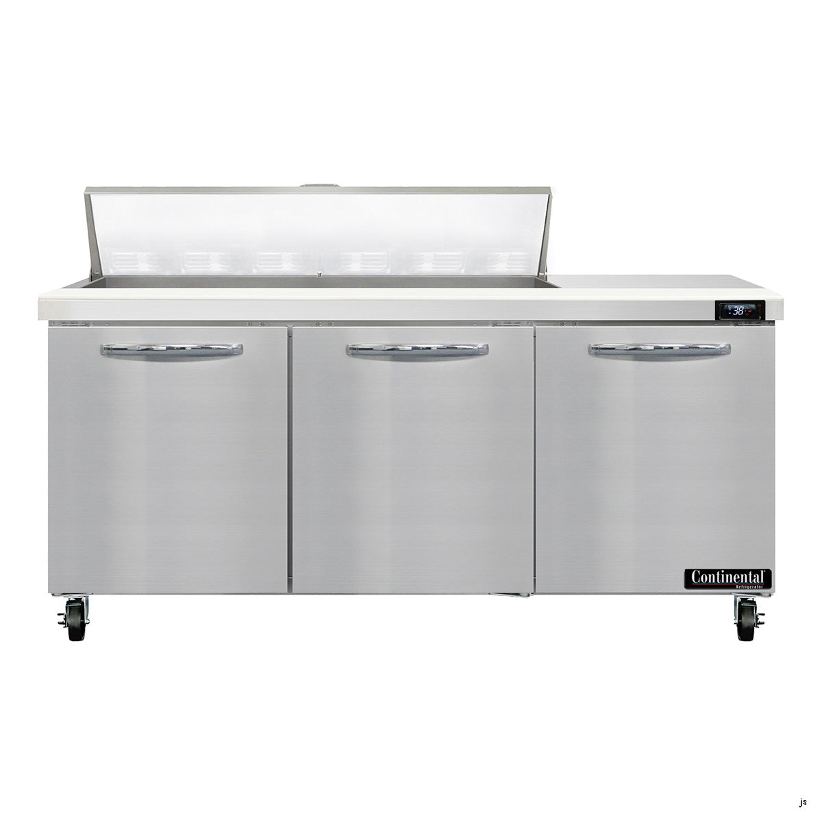 Continental Refrigerator SW72N12 72-Inch Sandwich & Salad Prep Table — 3 Doors, 12 Pans, Stainless Steel Front