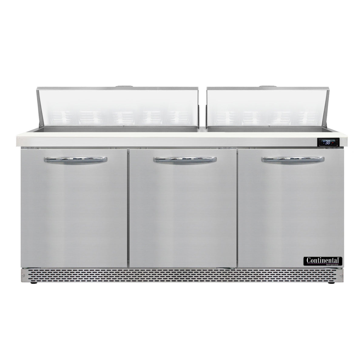 Continental Refrigerator SW72N18-FB 72-Inch Sandwich & Salad Prep Table — 3 Doors, 18 Pans, Stainless Steel Front