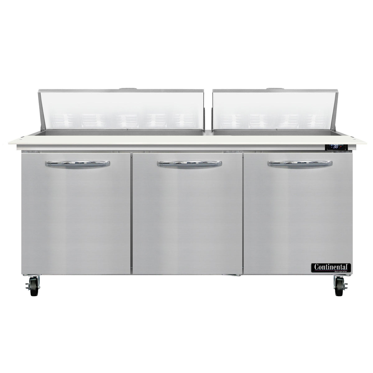 Continental Refrigerator SW72N18C 72-Inch Sandwich & Salad Prep Table — 3 Doors, 18 Pans, Stainless Steel Front