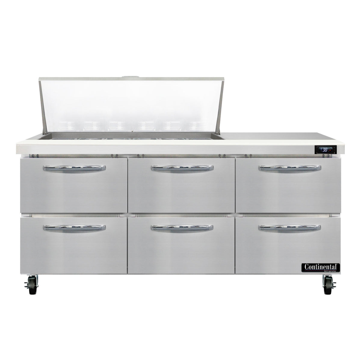 Continental Refrigerator SW72N18M-D 72-Inch Mega Top Sandwich & Salad Prep Table — 6 Drawers, 18 Pans, Stainless Steel Front