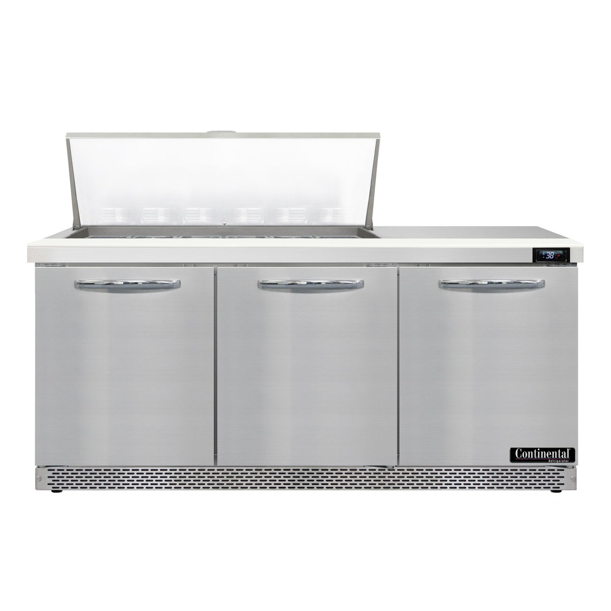 Continental Refrigerator SW72N18M-FB 72-Inch Mega Top Sandwich & Salad Prep Table — 3 Doors, 18 Pans, Stainless Steel Front