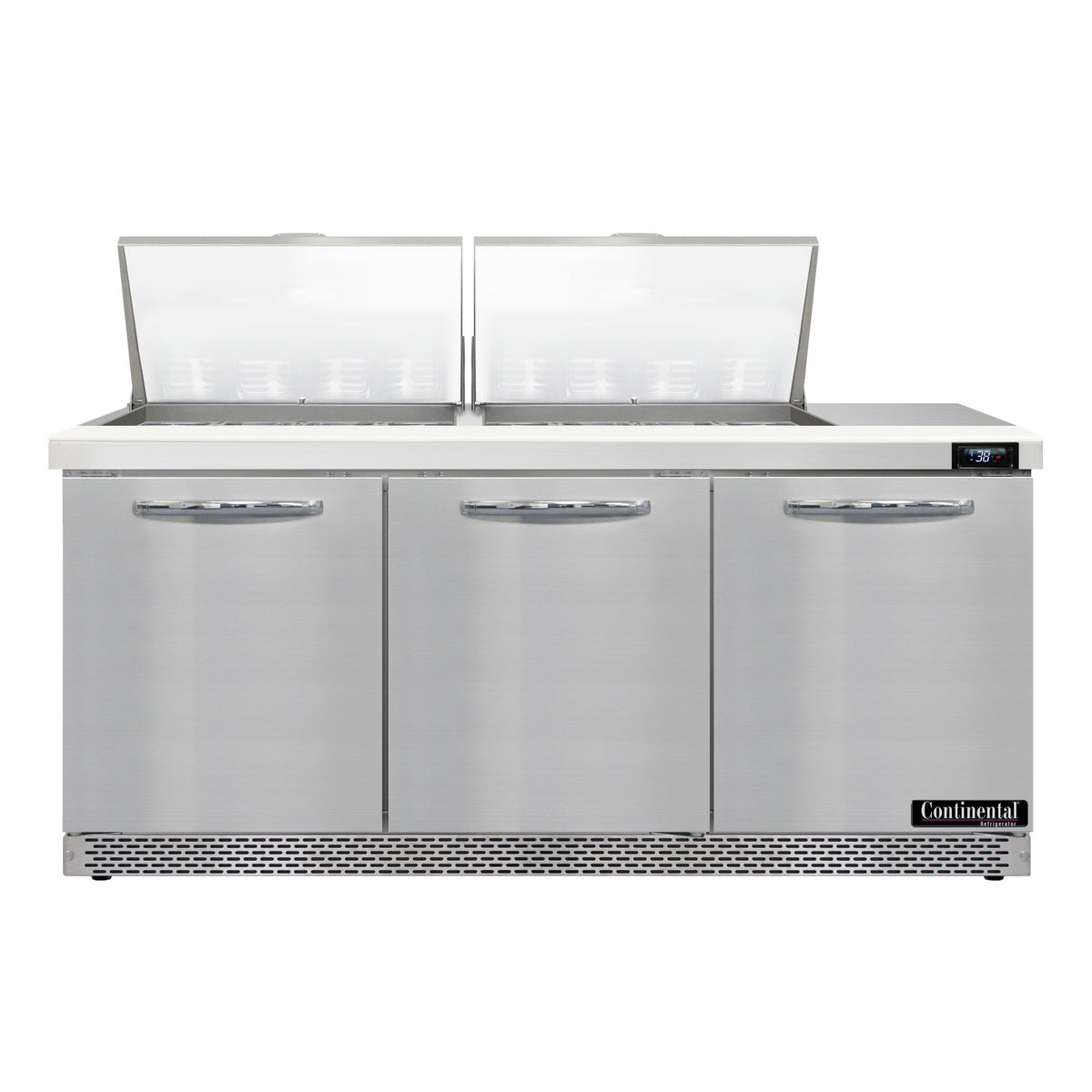 Continental Refrigerator SW72N24M-FB 72-Inch Mega Top Sandwich & Salad Prep Table — 3 Doors, 24 Pans, Stainless Steel Front