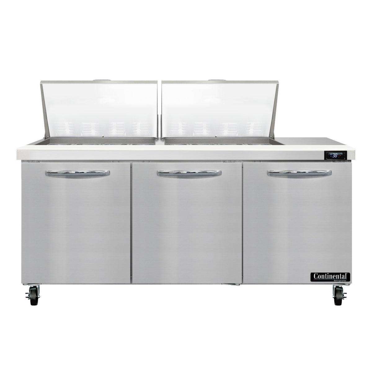 Continental Refrigerator SW72N24M 72-Inch Mega Top Sandwich & Salad Prep Table — 3 Doors, 24 Pans, Stainless Steel Front