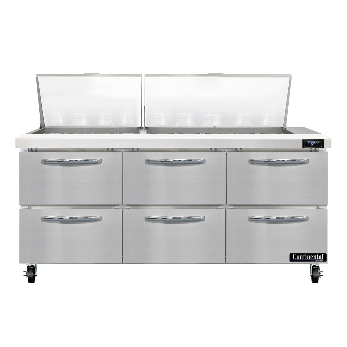 Continental Refrigerator SW72N27M-D 72-Inch Mega Top Sandwich & Salad Prep Table — 6 Drawers, 27 Pans, Stainless Steel Front