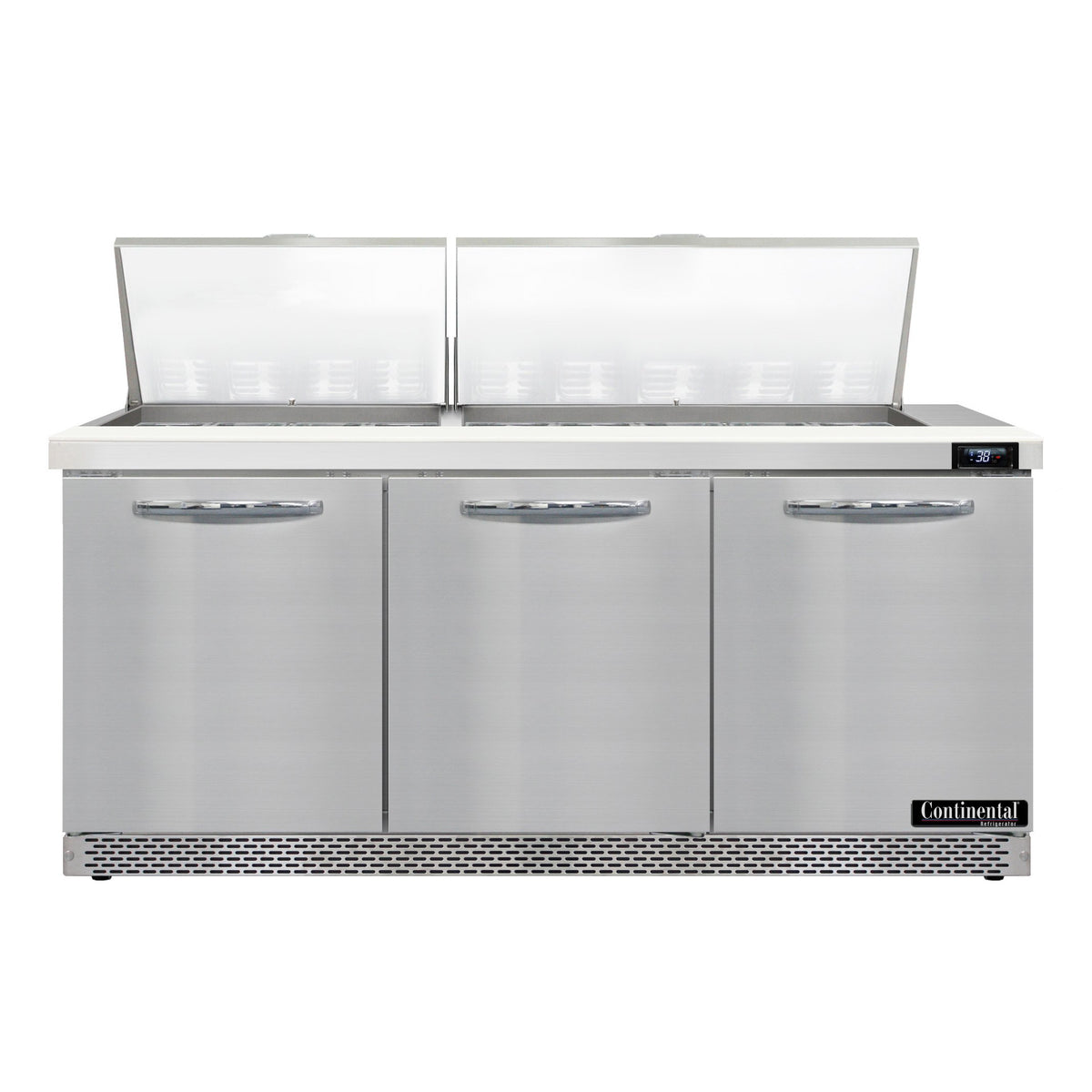 Continental Refrigerator SW72N27M-FB 72-Inch Mega Top Sandwich & Salad Prep Table — 3 Doors, 27 Pans, Stainless Steel Front