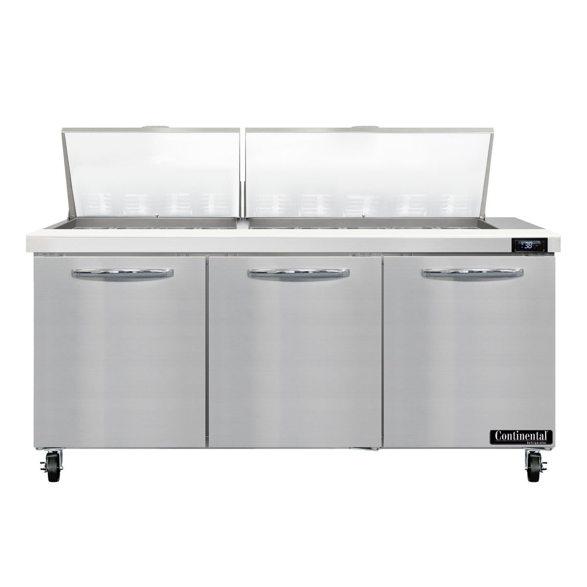 Continental Refrigerator SW72N27M 72-Inch Mega Top Sandwich & Salad Prep Table — 3 Doors, 27 Pans, Stainless Steel Front