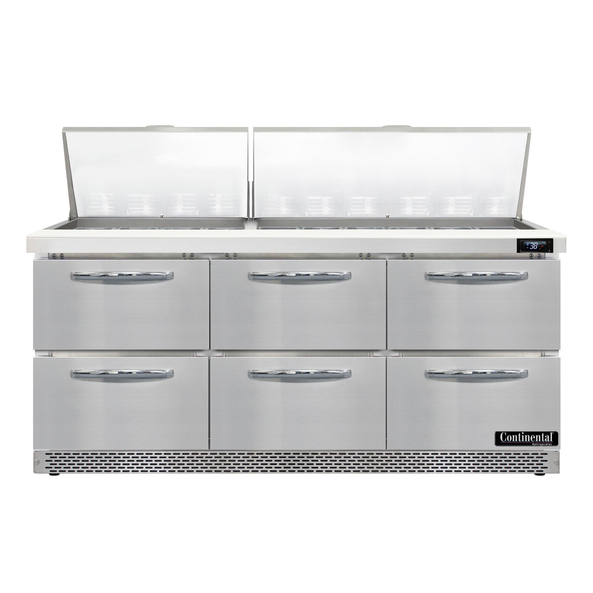 Continental Refrigerator SW72N30M-FB-D 72-Inch Mega Top Sandwich & Salad Prep Table — 6 Drawers, 30 Pans, Stainless Steel Front