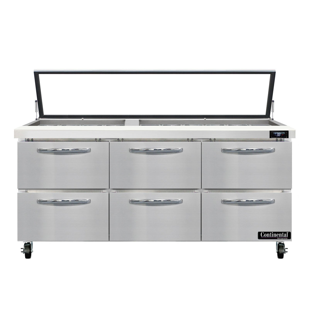 Continental Refrigerator SW72N30M-HGL-D 72-Inch Mega Top Sandwich & Salad Prep Table β 6 Drawers, 30 Pans, Stainless Steel Front