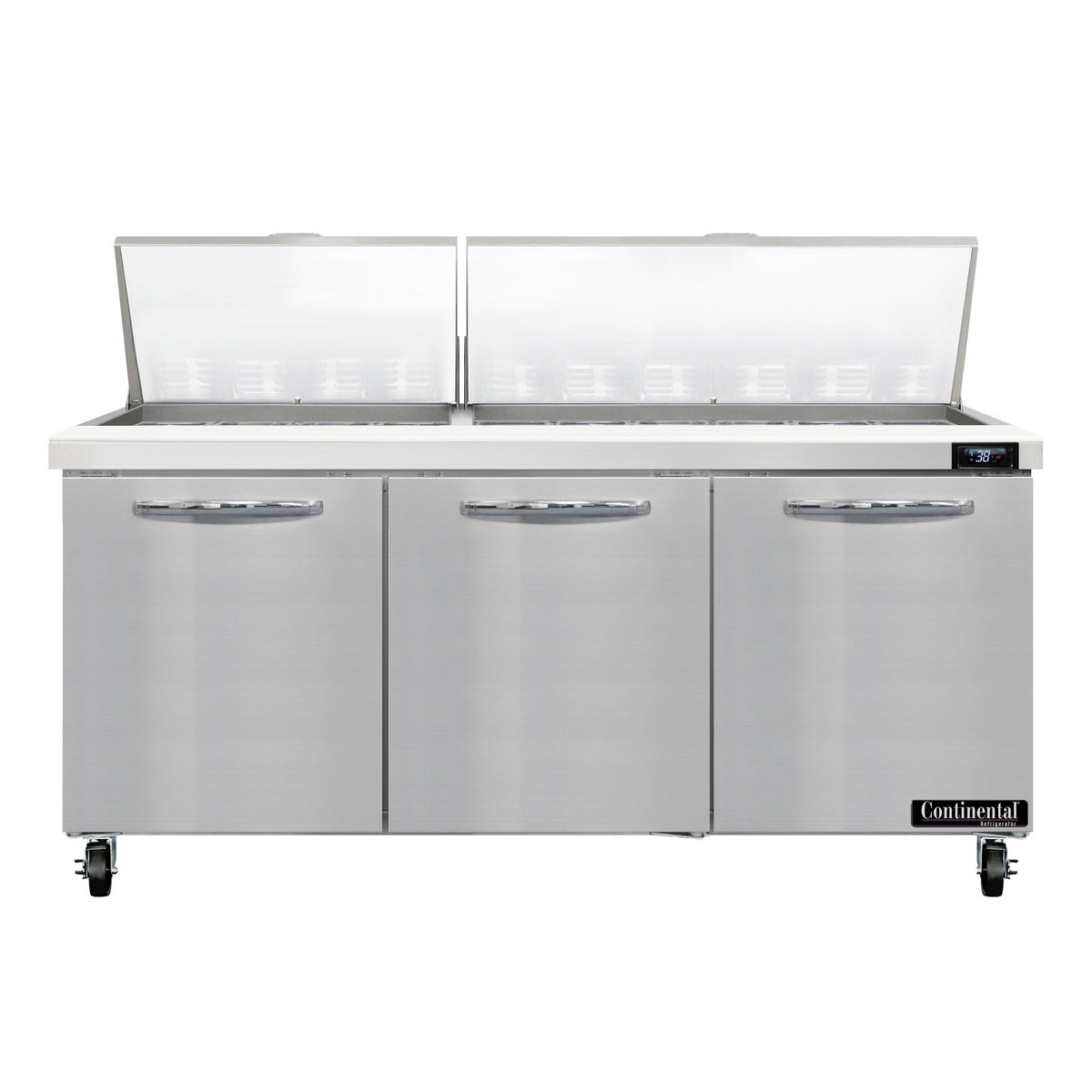 Continental Refrigerator SW72N30M 72-Inch Mega Top Sandwich & Salad Prep Table — 3 Doors, 30 Pans, Stainless Steel Front