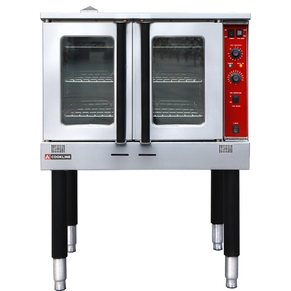 Cookline CV100-SGL single deck natural gas convection oven, front view, doors closed