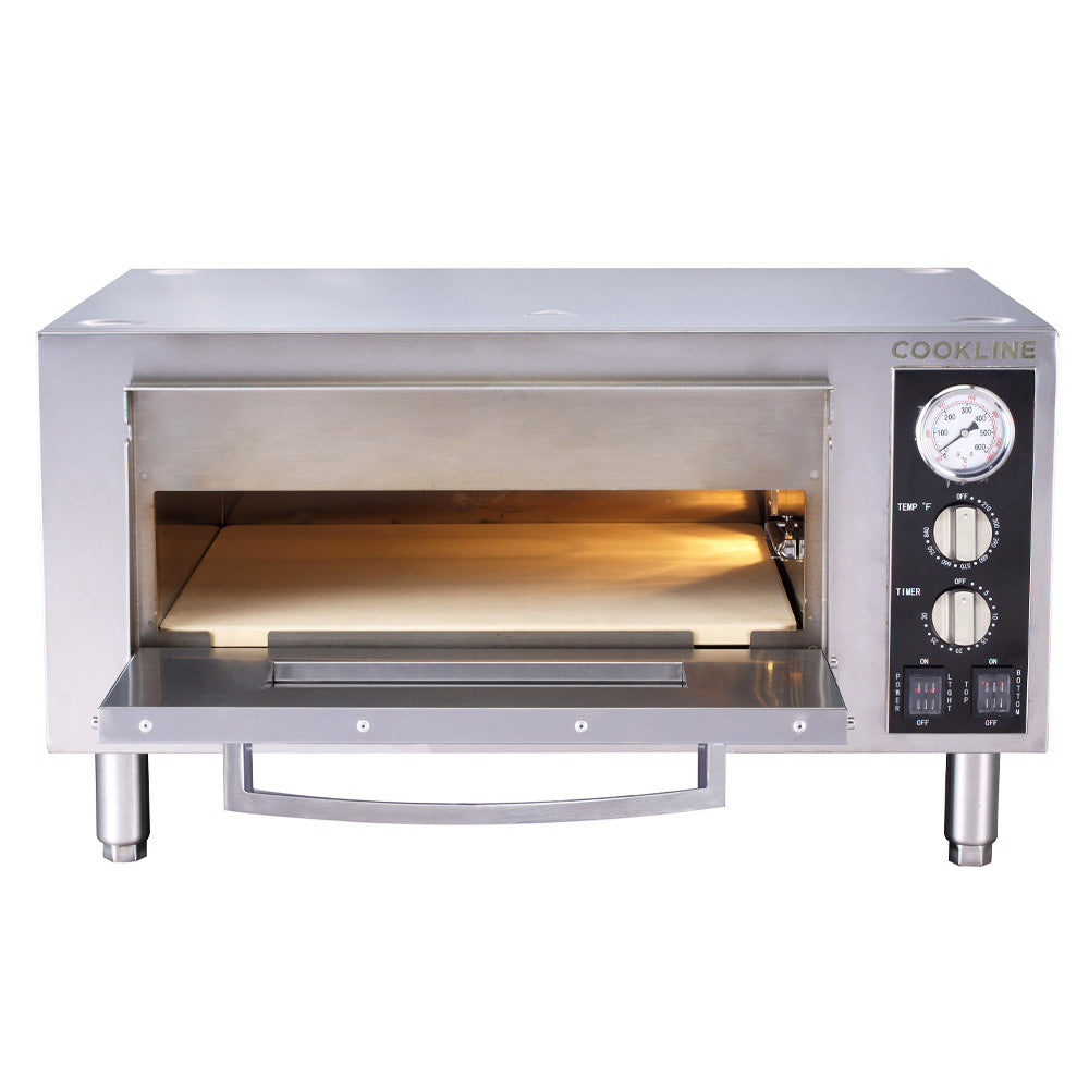 Cookline CPO-1 countertop electric pizza oven, front view, door open showing the stone deck
