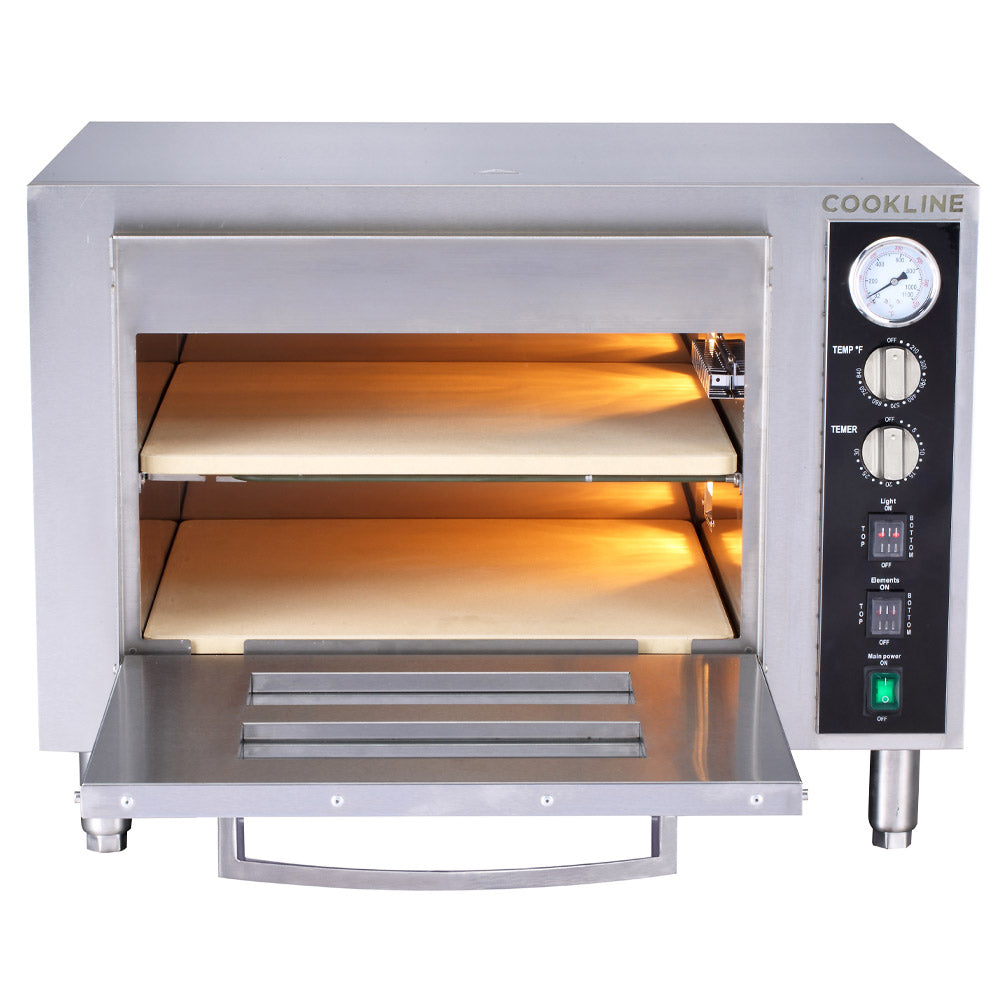 Cookline CPO-2-DBL countertop electric pizza oven, one oven with the door open showing both stone decks