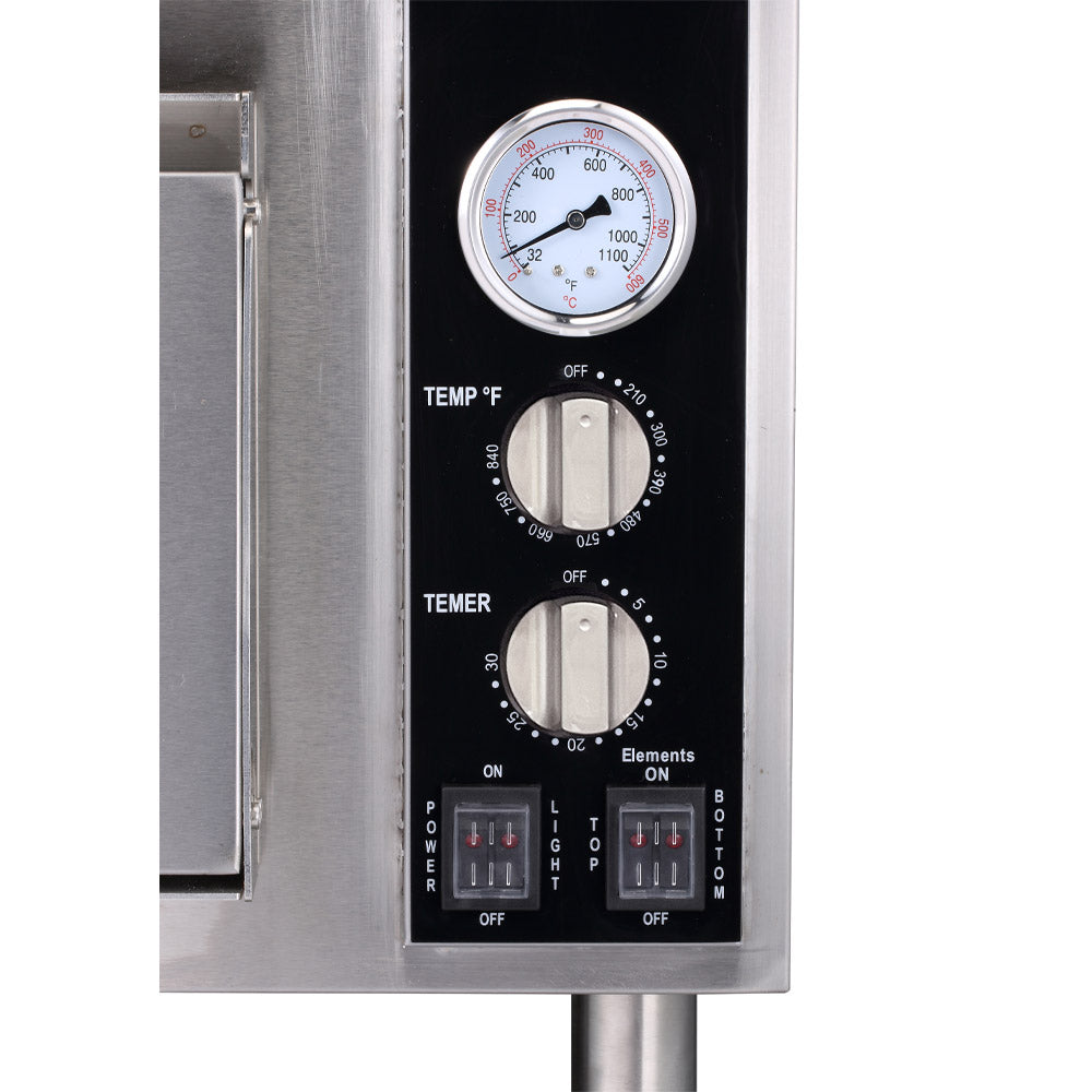 Cookline CPO-2D countertop electric pizza oven, control panel close-up with thermometer and timer