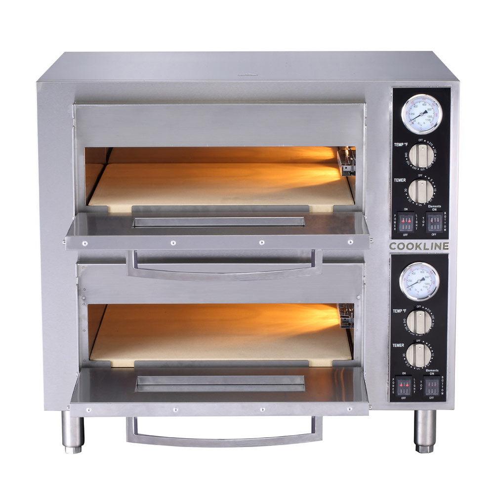 Cookline CPO-2D countertop electric pizza oven, front view, both doors open showing the stone decks
