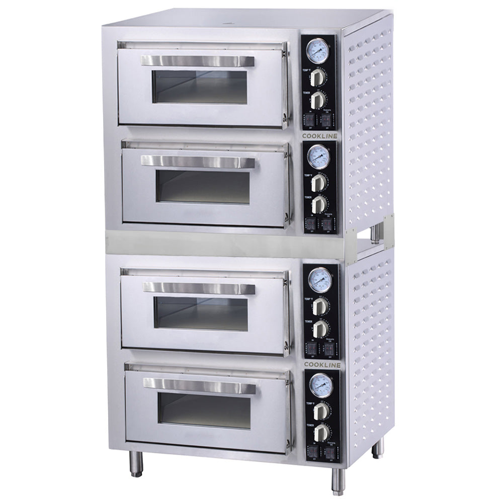 Cookline CPO-2D-DBL countertop electric pizza oven, front angle view, two stacked ovens with four chambers