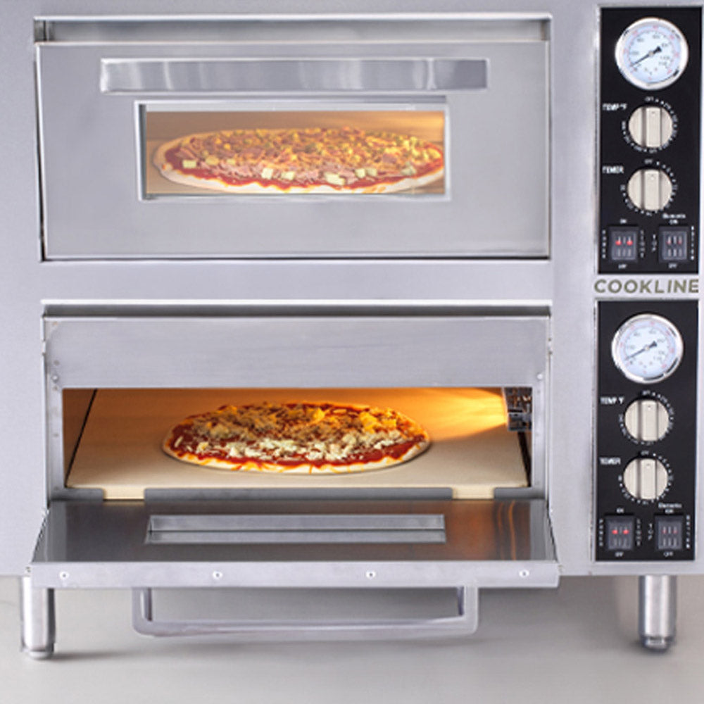 Cookline CPO-2D-DBL countertop electric pizza oven, one oven baking two pizzas, doors open