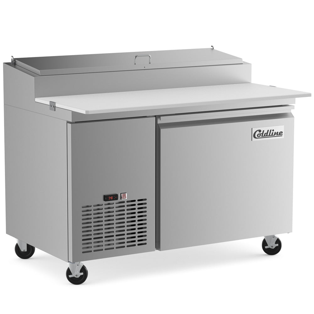 Coldline CPT-44 refrigerated pizza prep table, angled front view