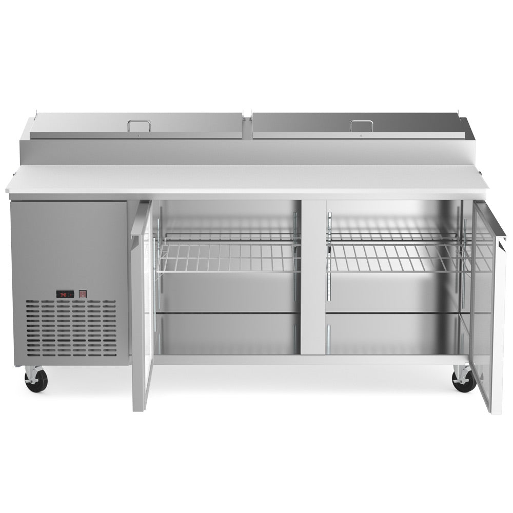 Coldline CPT-72 refrigerated pizza prep table, door open showing the shelf