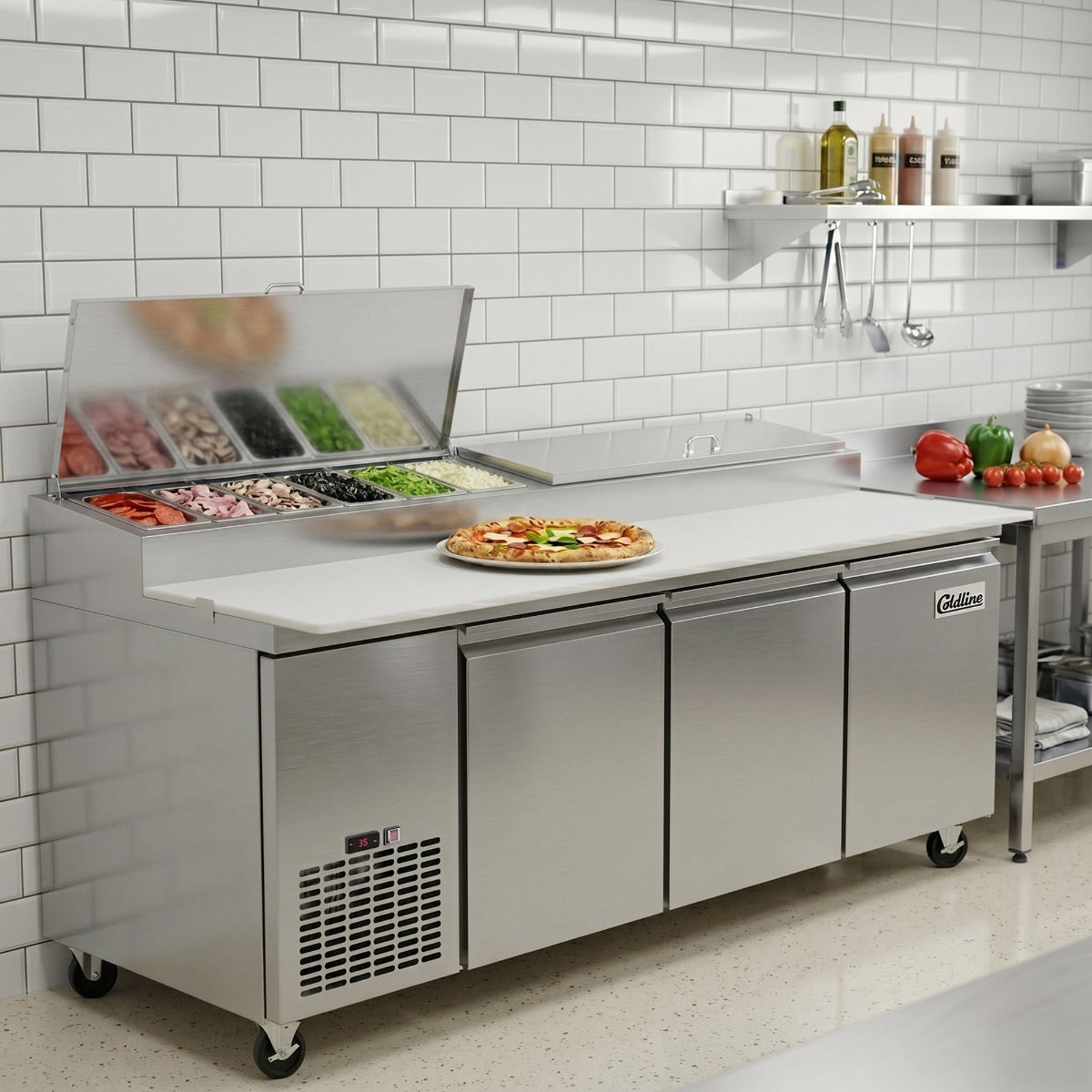 Coldline CPT-92 refrigerated pizza prep table, in use making pizza (representative image)