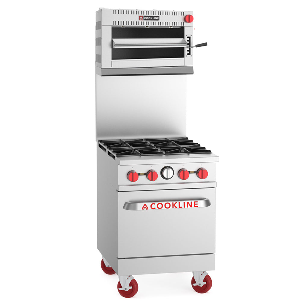 Cookline CSM-24-RM 24" infrared salamander broiler, shown mounted above a Cookline 24" range (range sold separately)
