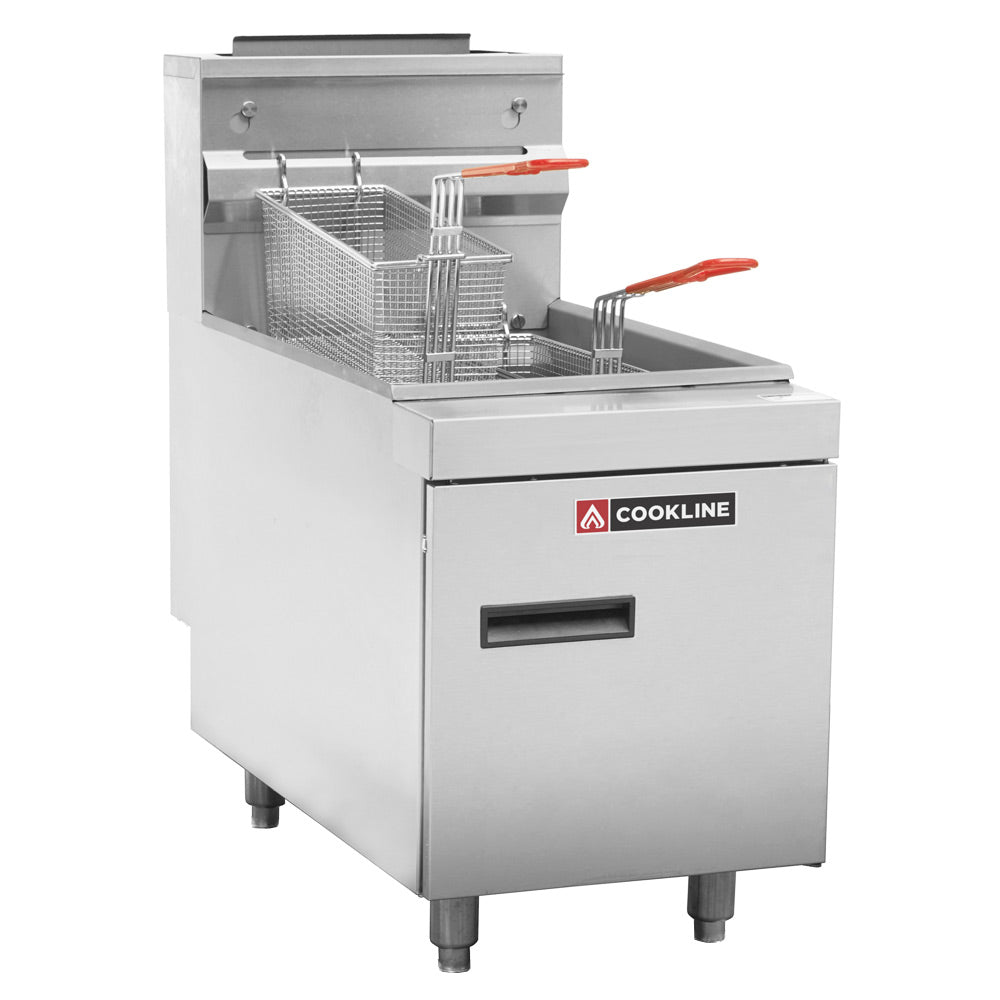 Cookline CTF3-LP countertop gas fryer, front angle view, basket in the fryer