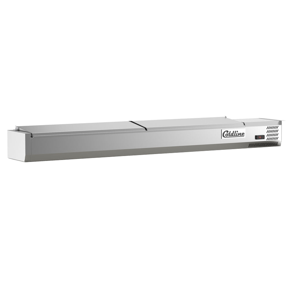 Coldline CTP80SS refrigerated countertop salad bar, front angled view, stainless steel cover closed
