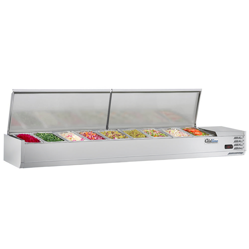 Coldline CTP80SS refrigerated countertop salad bar, cover open with toppings in the pans