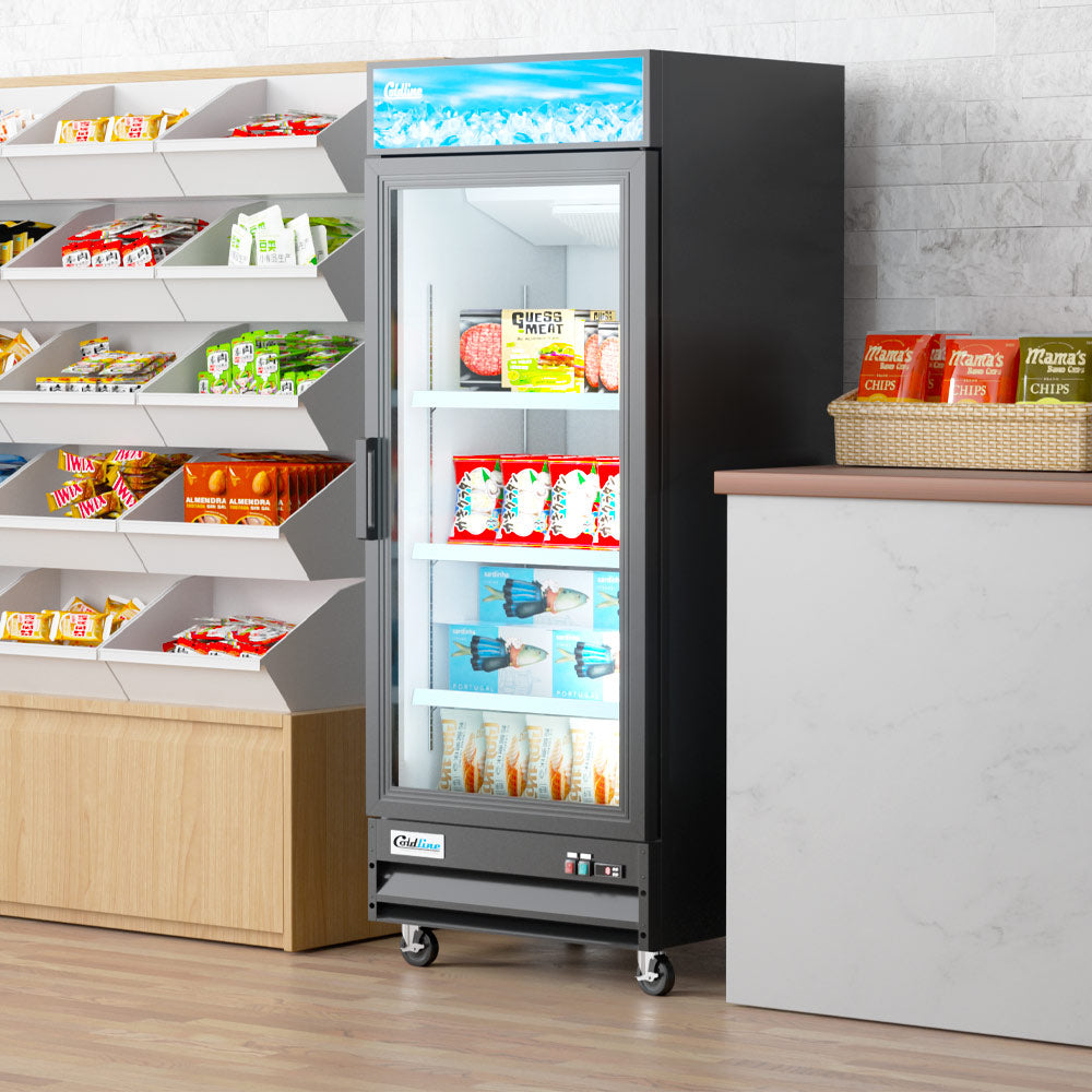 Coldline D10-B black glass door merchandiser freezer, stocked in a store (representative image)