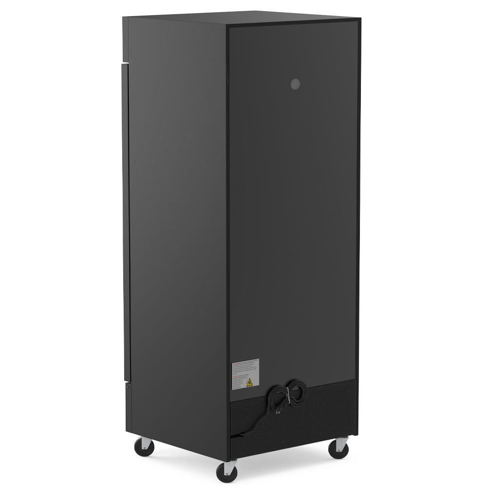 Coldline D10-B black glass door merchandiser freezer, rear angled view