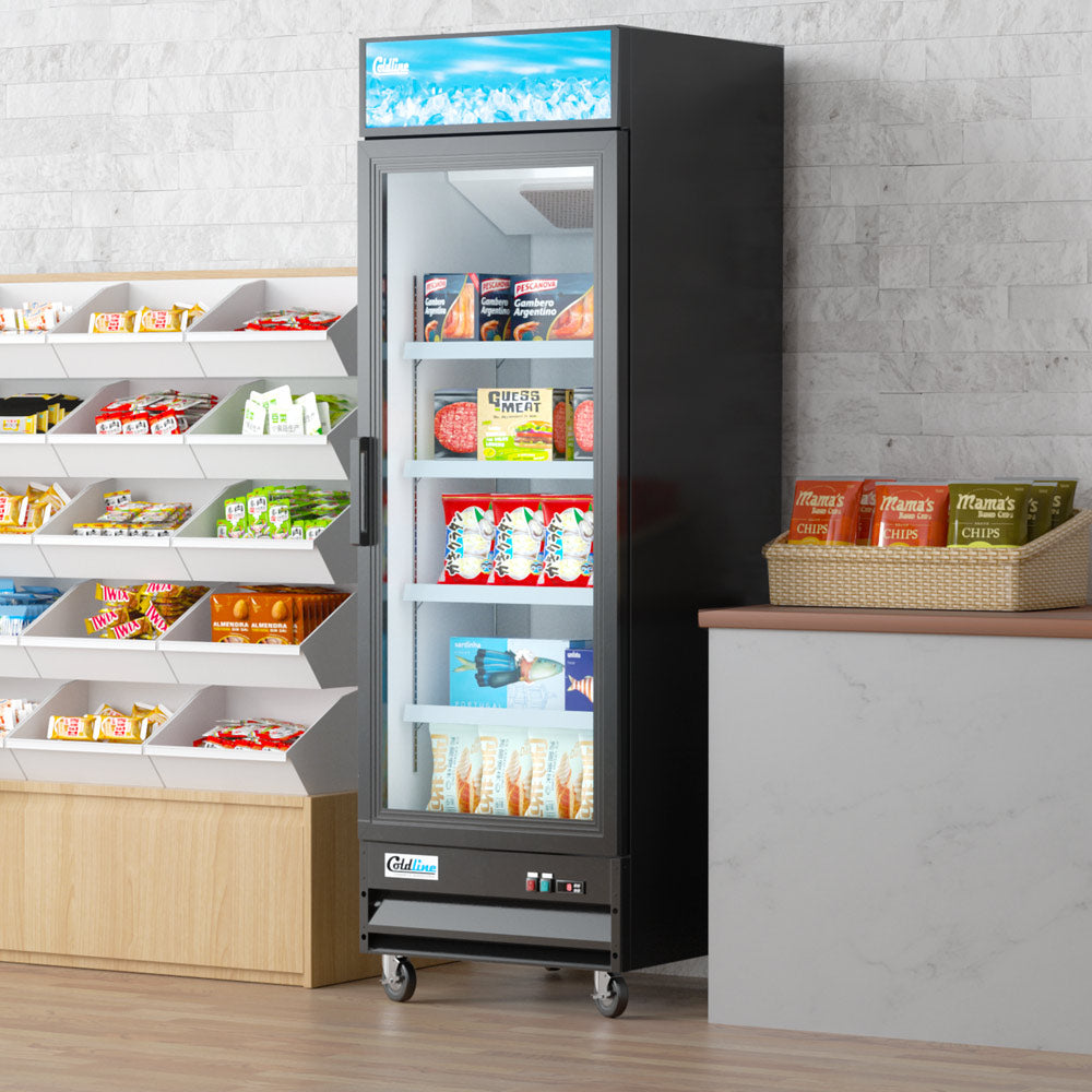 Coldline D12-B black glass door merchandiser freezer, stocked in a store (representative image)