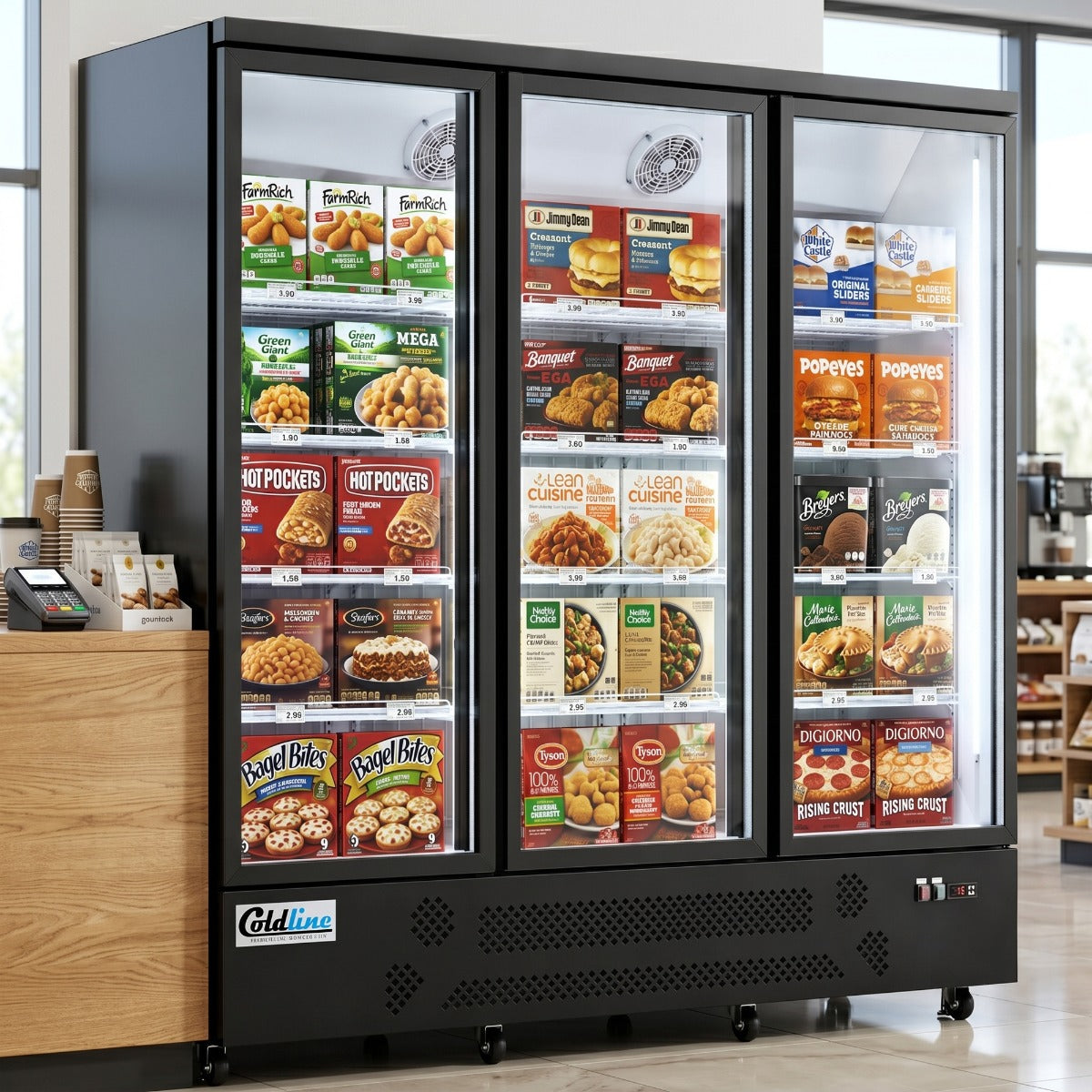 Coldline D3-B 74" Three Glass Door Merchandiser Freezer with LED Lighting, Black