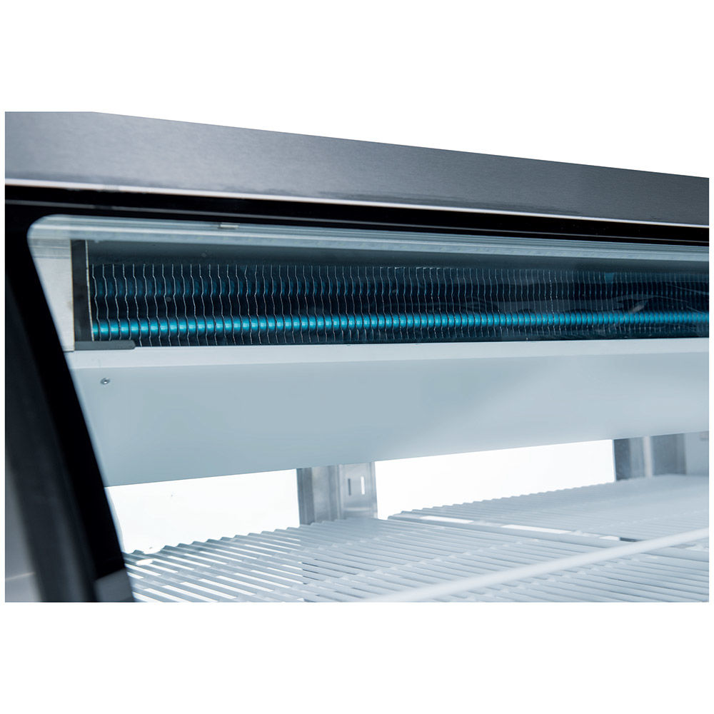 Coldline DC48-SS stainless steel curved glass deli display case, LED light strip, close-up