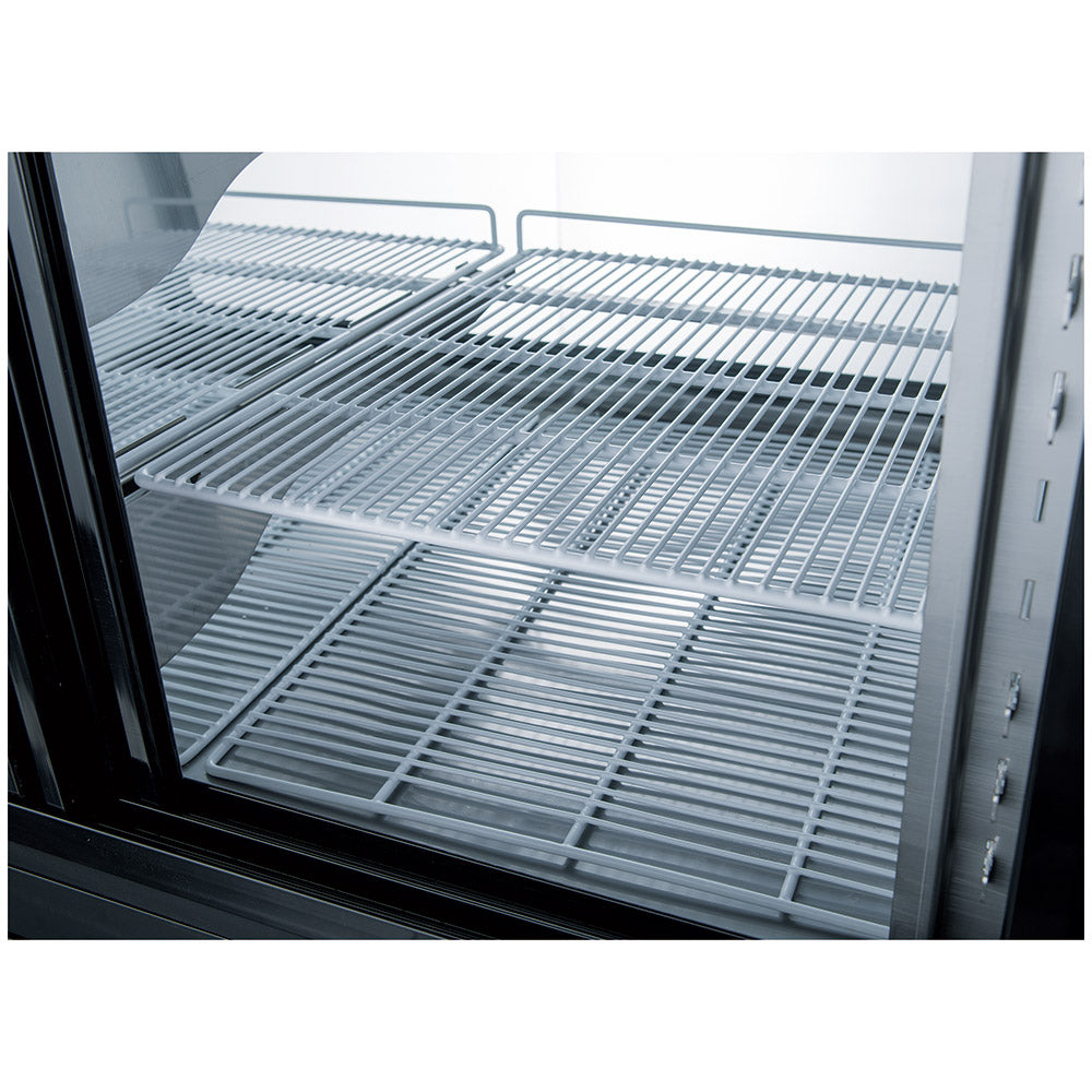 Coldline DC80-B black curved glass deli display case, wire shelves, close-up