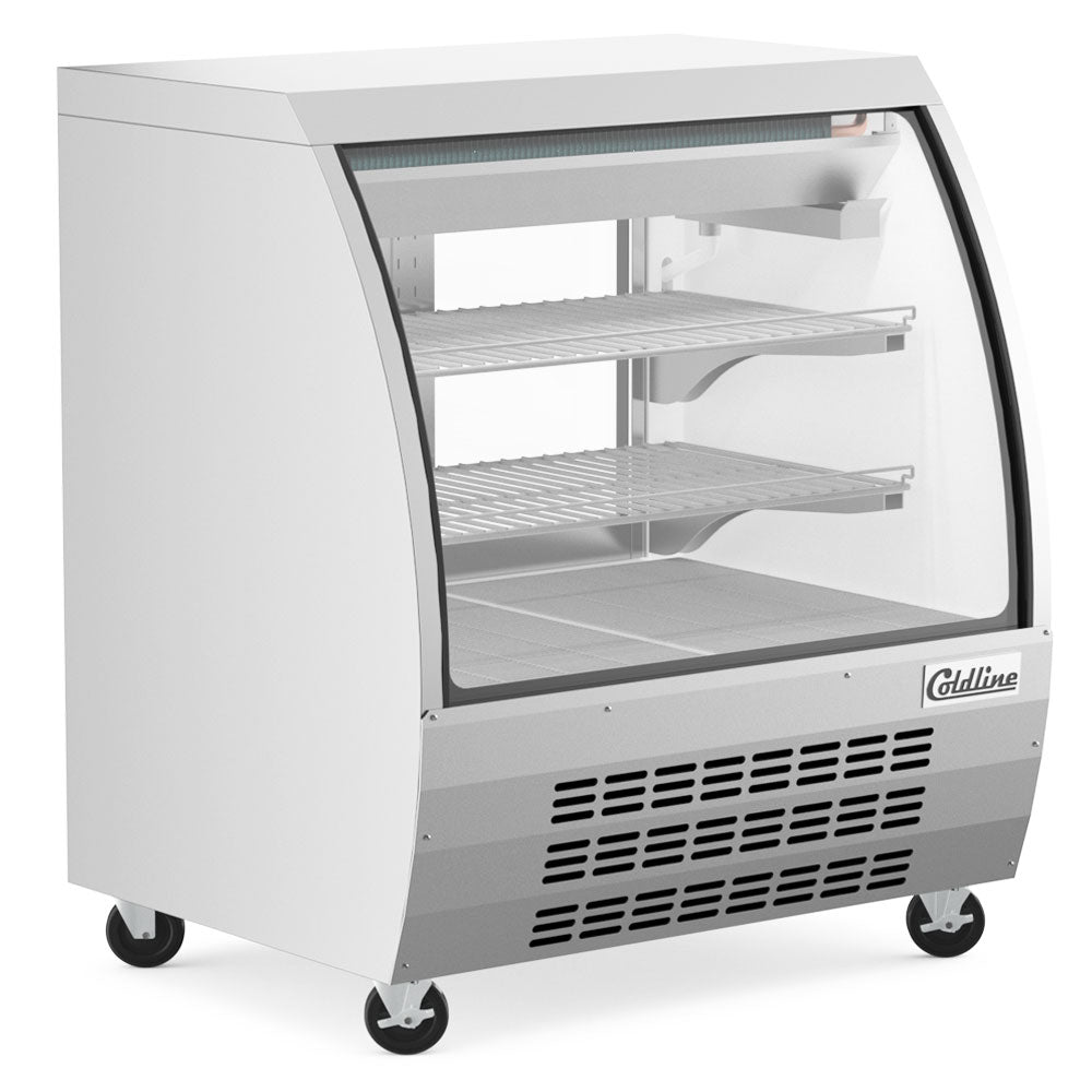 Coldline DC36-SS stainless steel curved glass deli display case, angled front view