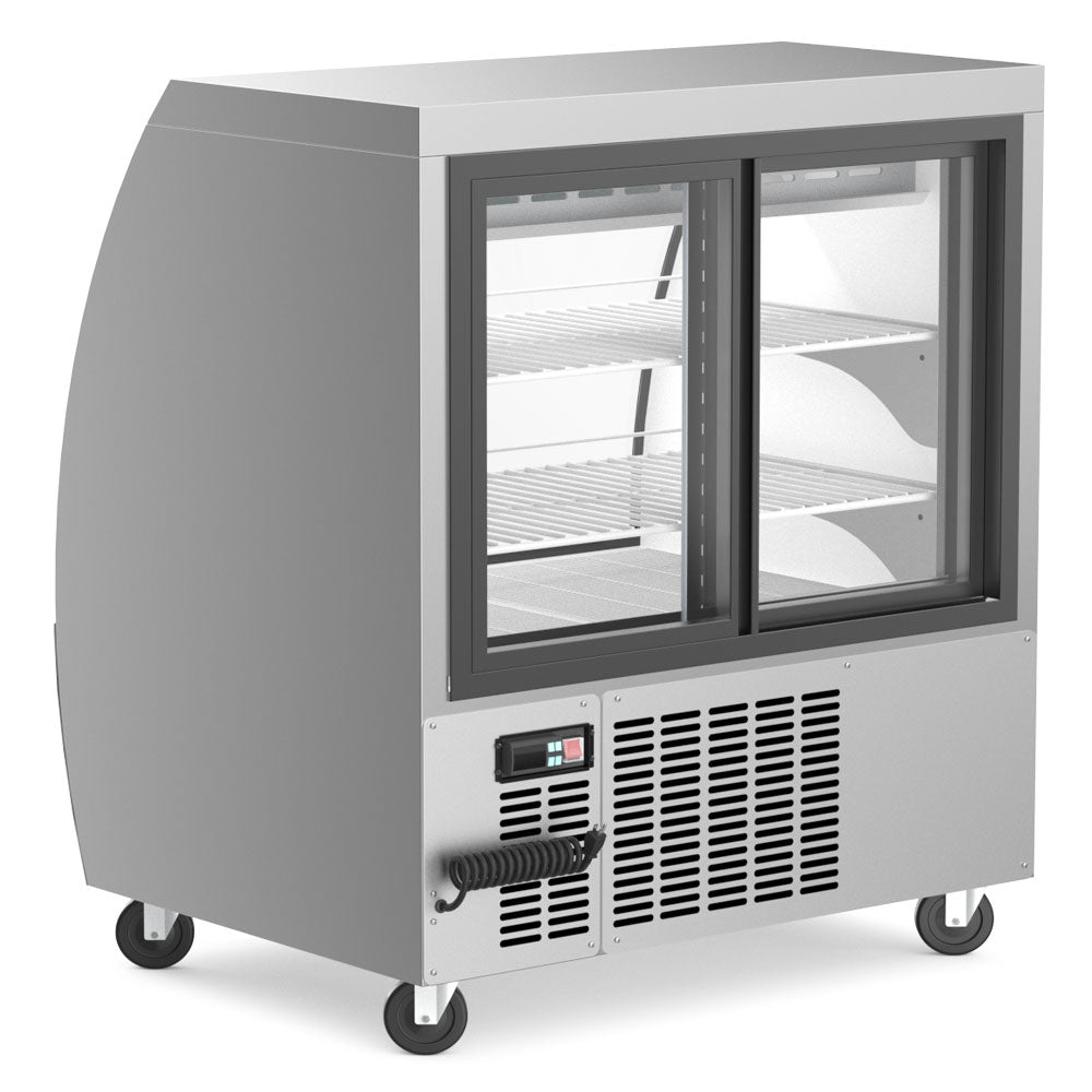 Coldline DC36-B black curved glass deli display case, rear view with sliding glass doors