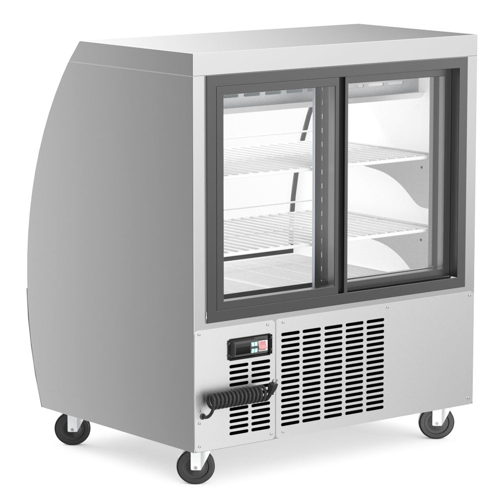 Coldline DC36-SS stainless steel curved glass deli display case, rear view with sliding glass doors