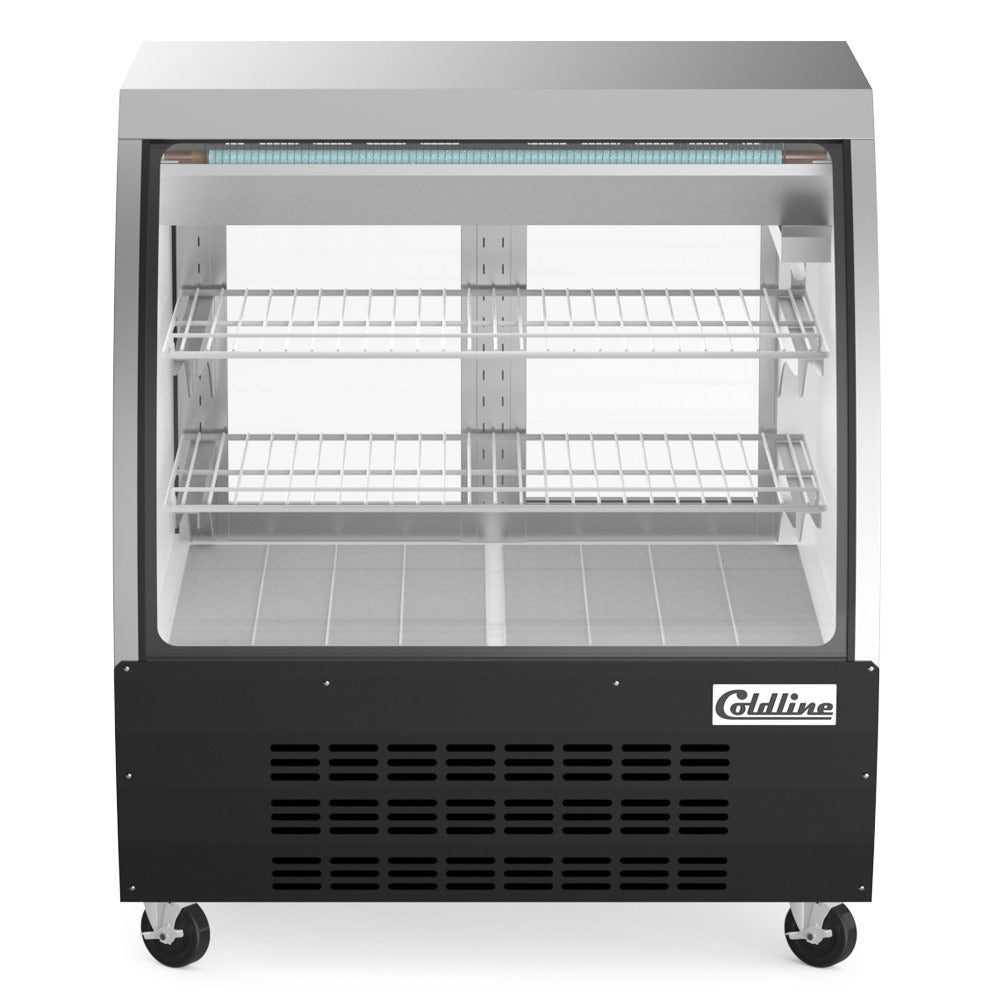 Coldline DC36-B black curved glass deli display case, front view