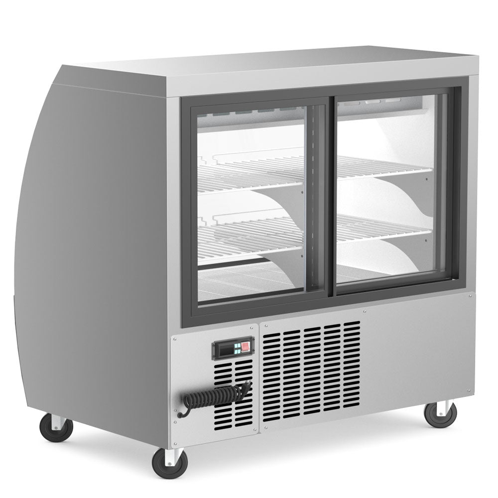 Coldline DC48-B black curved glass deli display case, rear view with sliding glass doors