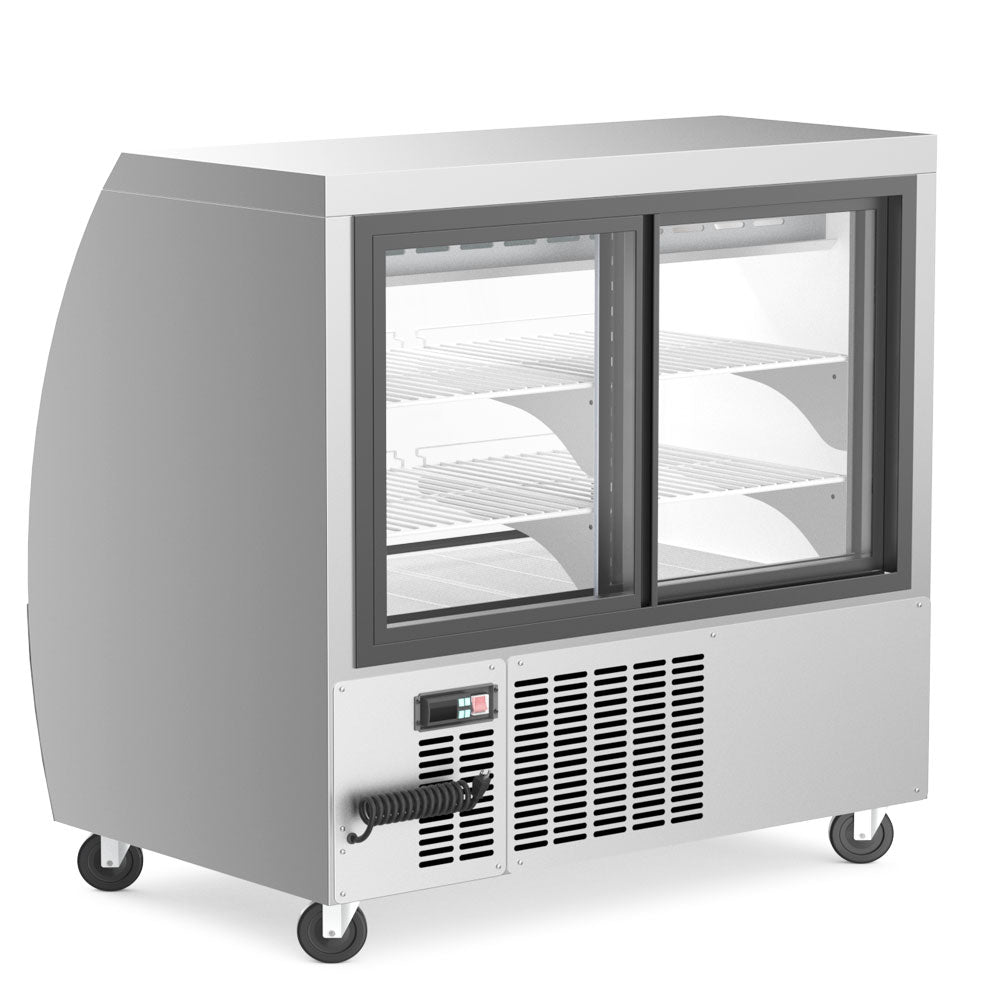 Coldline DC48-SS stainless steel curved glass deli display case, rear view with sliding glass doors