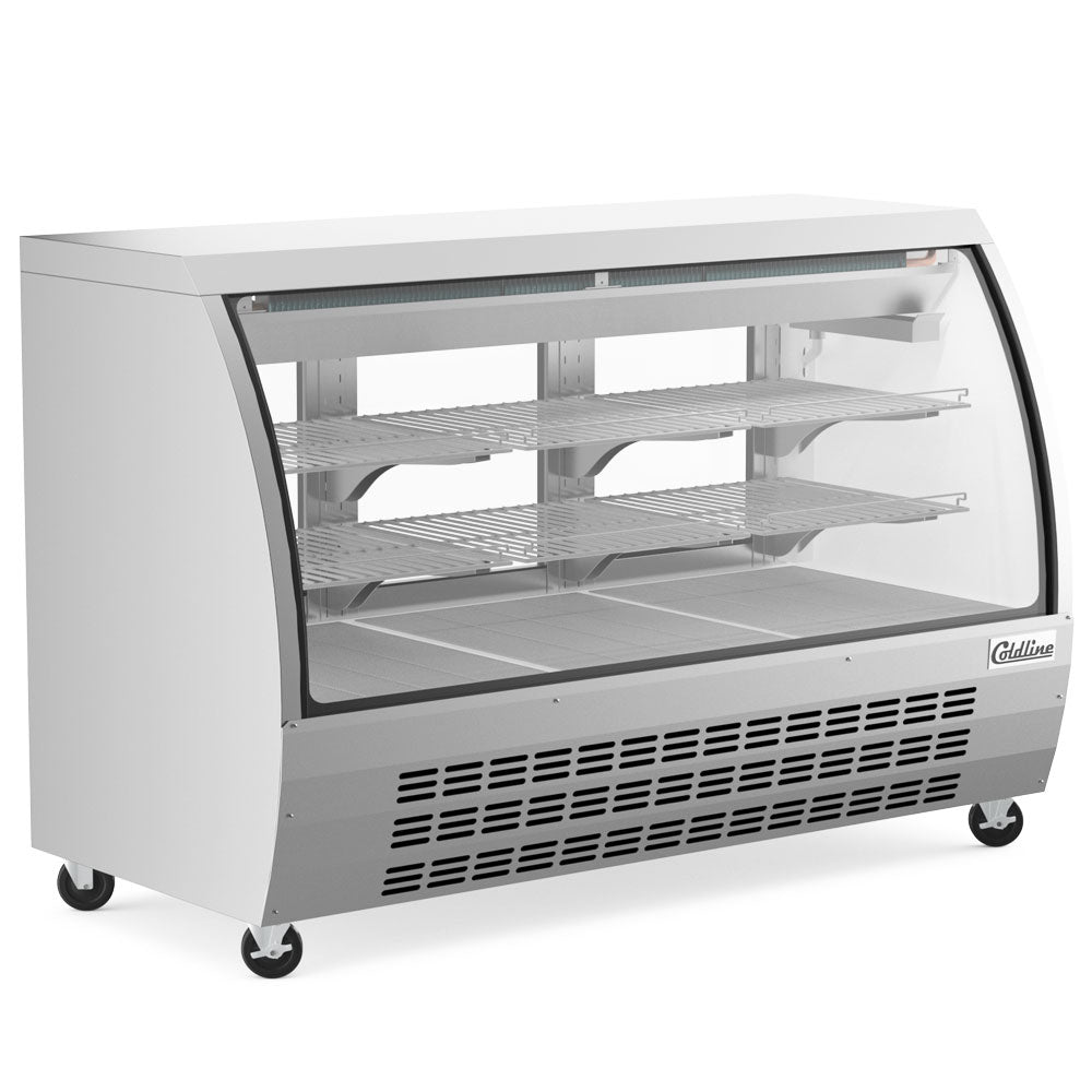 Coldline DC64-SS curved glass refrigerated deli display case, angled front view