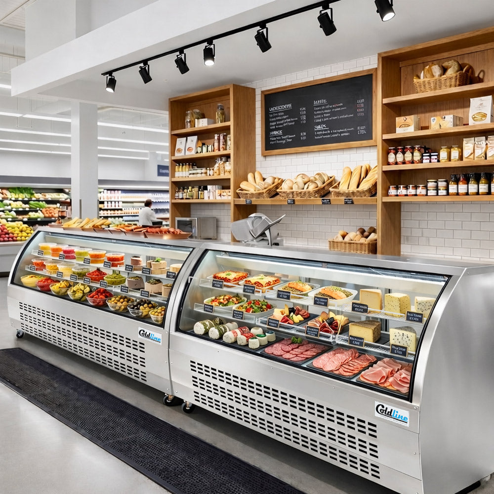 Coldline DC80-SS stainless steel curved glass deli display case, in a deli and bakery setting (representative image)