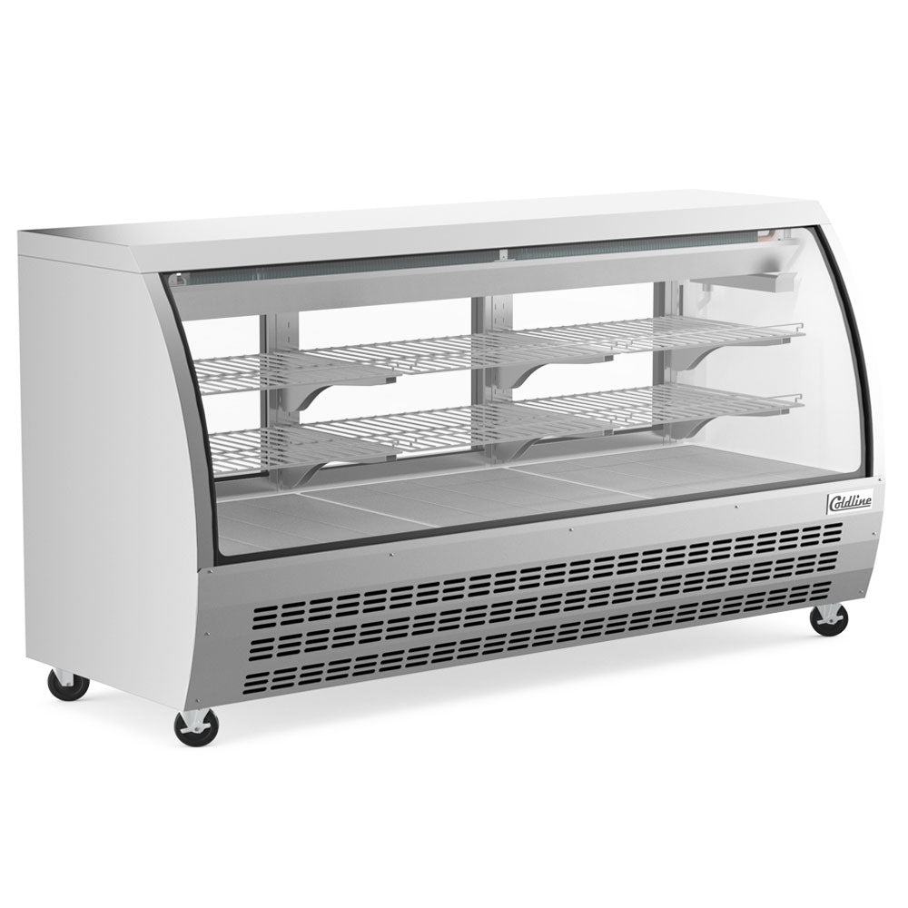Coldline DC80-SS stainless steel curved glass deli display case, angled front view